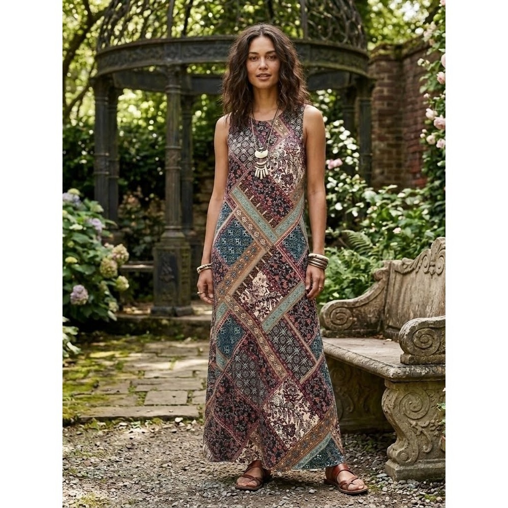 J Jill Patchwork Jersey Maxi Tank Dress Womens XL Boho Earthy Festival Nomad